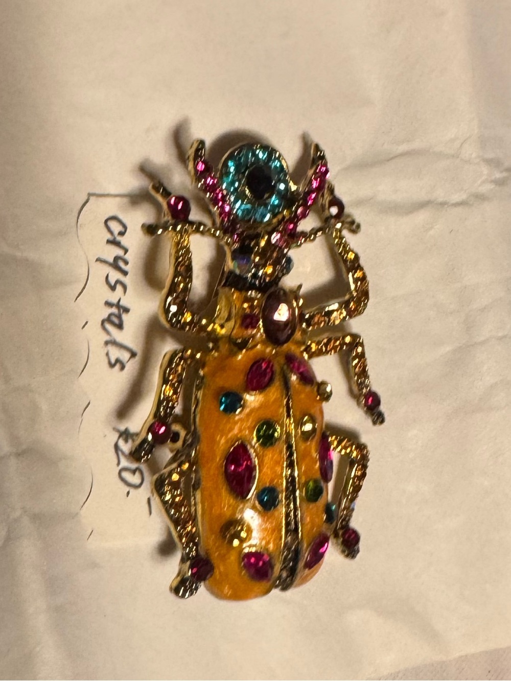 Women's Gold-Tone Beetle Brooch with Yellow Enamel and Multicolor Stones